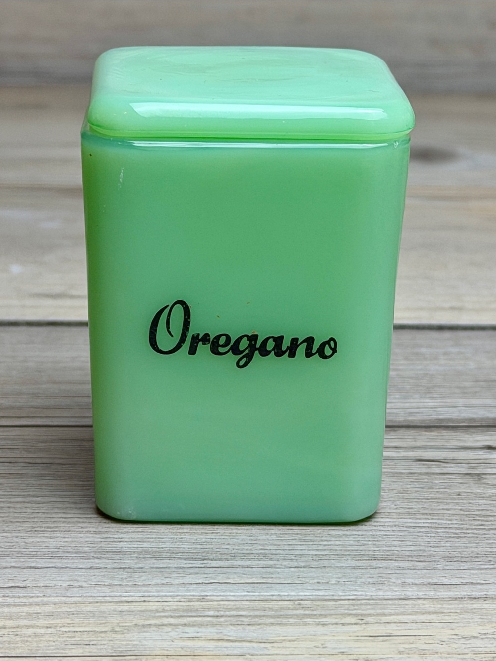 Vintage Jadeite OREGANO 3" Spice Pinch Jar Canister w/Lid Green Glass Jadite